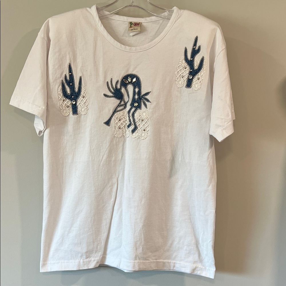 Cactus - vintage, white, denim embroidered‎ tshirt, kokopelli, L